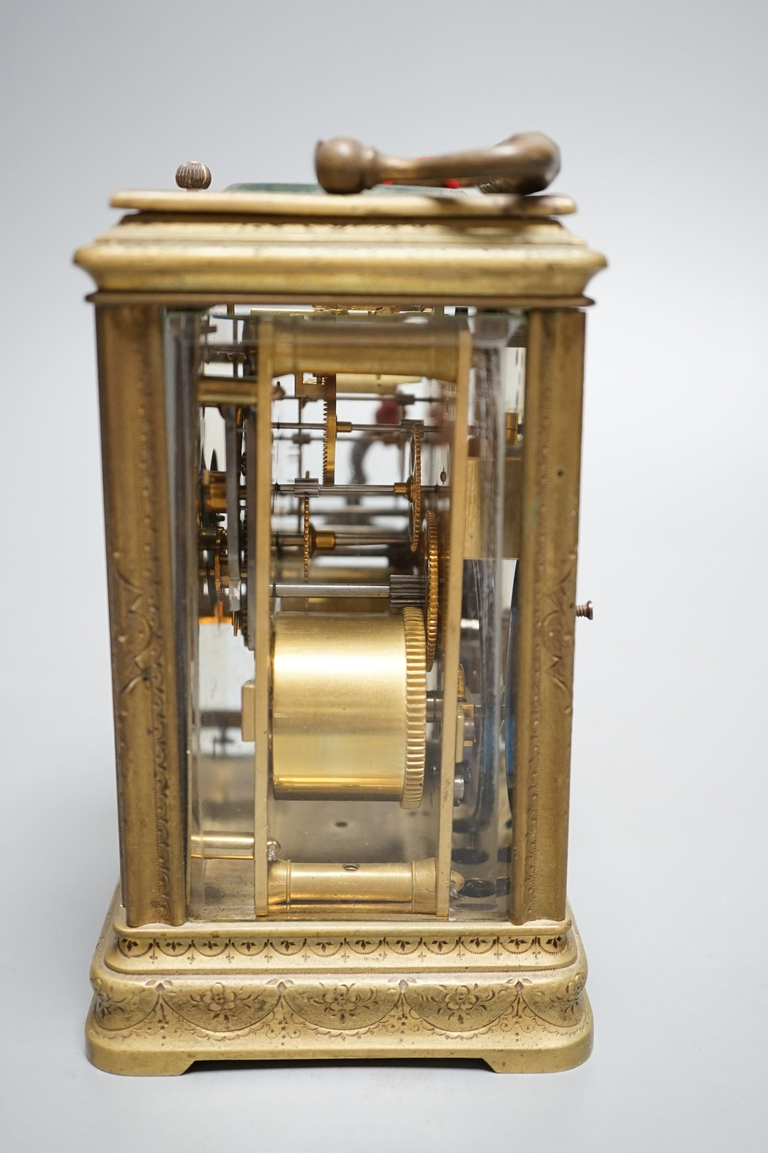 A late 19th century French engraved brass repeating carriage clock